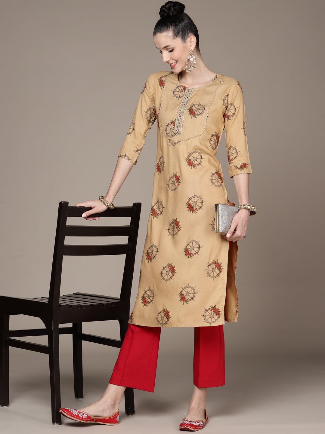 Women's Beige Printed Embroidered Kurta  - Anubhutee