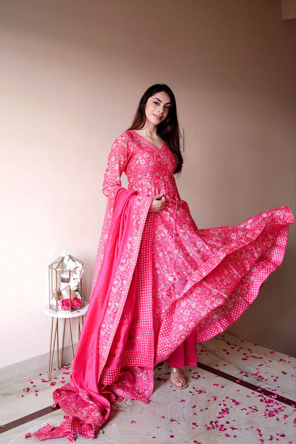 Ravkirat Kaur in Amaara Pink Printed Anarkali Set