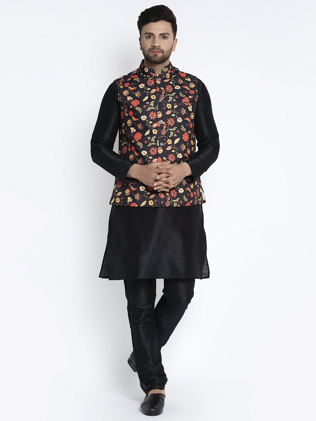 Men's Silk Blend Black Kurta With Pyjama & Black Printed Nehru Jacket - Benstoke