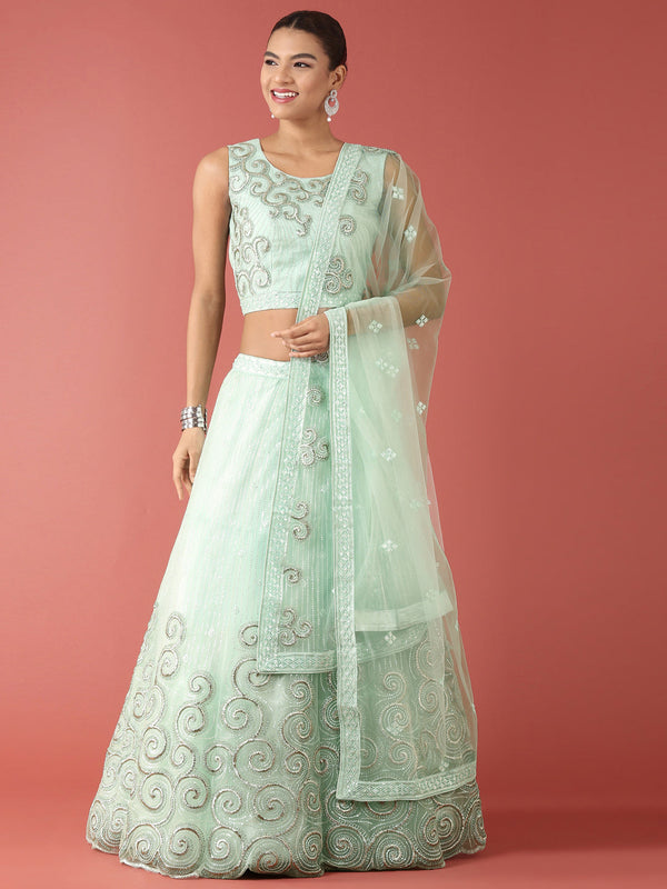 Women's Turquoise Blue Net Sequinse Work Fully-Stitched Lehenga & Stitched Blouse, Dupatta - Panchhi