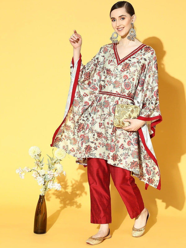 Off White And Red Floral Printed Kaftan With Silk Trouser And Mirror Work Embellished Belt - Indiakreations