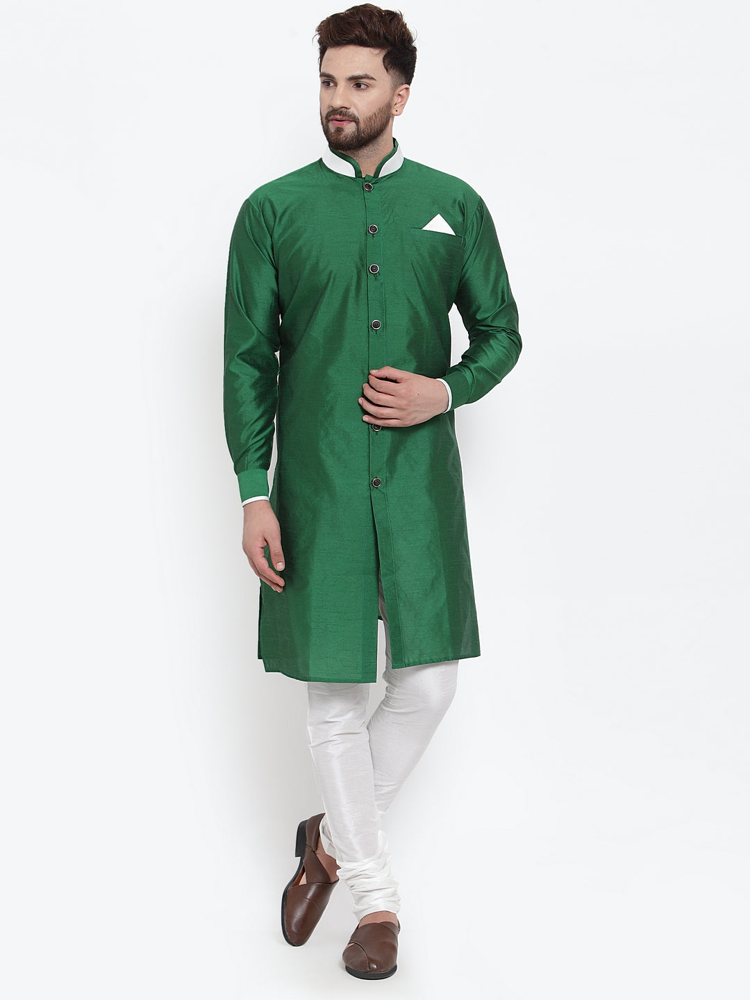 Men's Green Solid Kurta With White Churidaar Pyjama Set - Benstoke