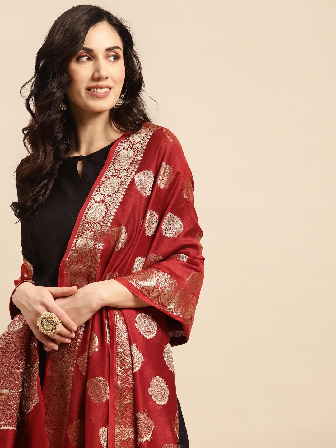 Women's Red Color Ethnic Motifs Woven Design Dupatta With Zari - Varanasi - Indiakreations