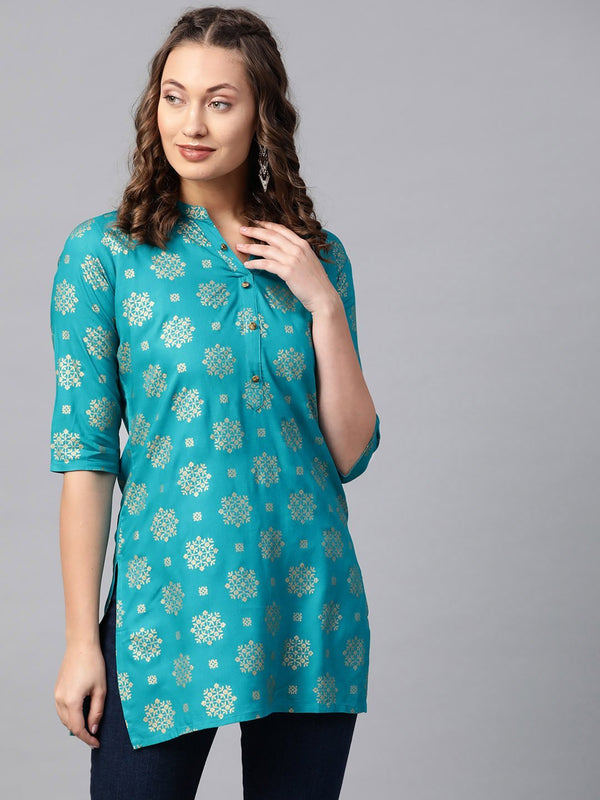 Women's Blue & Golden Printed Kurti - Anubhutee