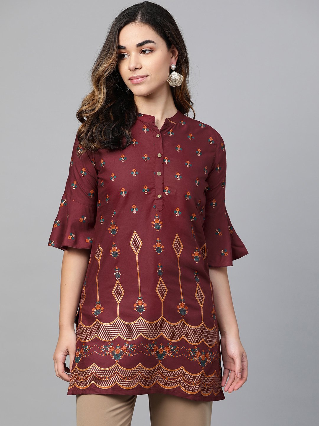 Women's Maroon & Golden Printed Straight Kurti - Anubhutee