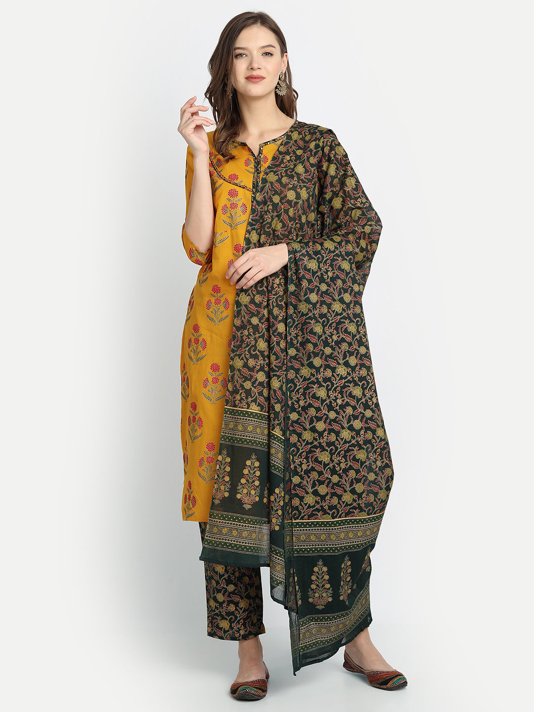 Women'S Mustard Yellow Floral Printed Layered Pure Cotton Kurta With Trousers  With Dupatta - Anubhutee