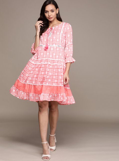 Women's Cotton Pink Embellished A-Line Dress - Ishin