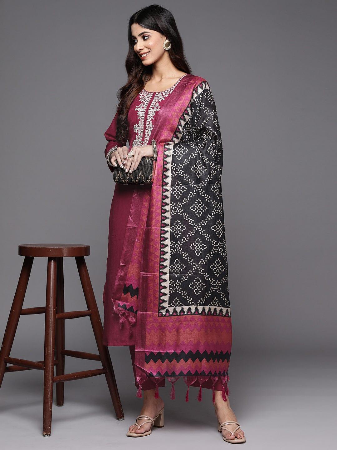 Varanga Women Magenta Yoke Design Kurta with Trousers & With Dupatta - Indiakreations