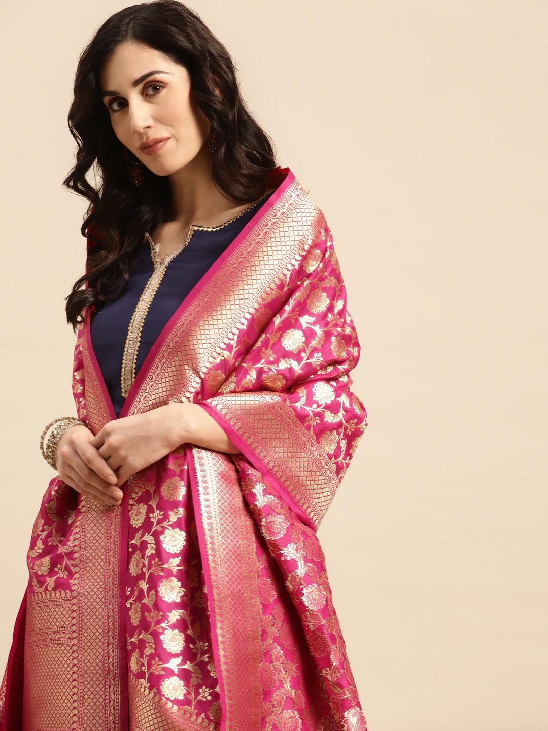 Women's Magenta Color Ethnic Motifs Woven Design Dupatta With Zari - Varanasi - Indiakreations