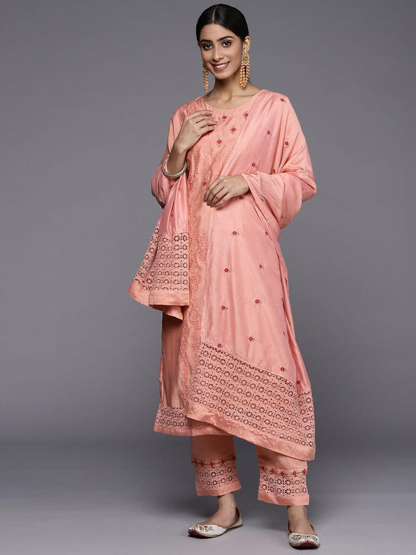 Varanga Women Peach-Coloured Ethnic Motifs Embroidered Kurta with Trousers & Dupatta - Indiakreations