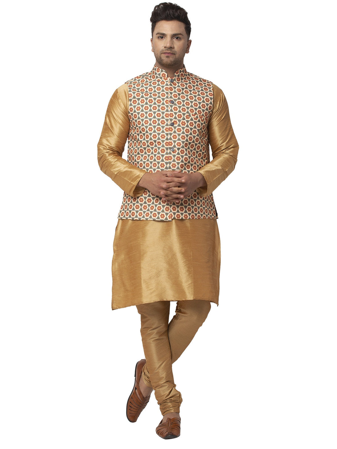 Men's Silk Blend Copper Kurta With Pyjama & Olive Green Printed Nehru Jacket - Benstoke