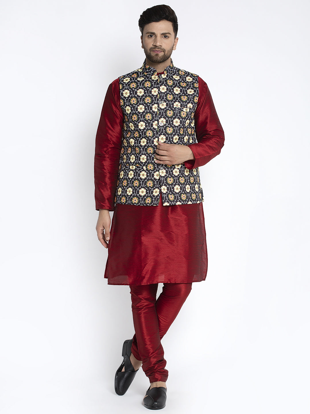 Men's Silk Blend Maroon Kurta With Pyjama & Black Printed Nehru Jacket - Benstoke