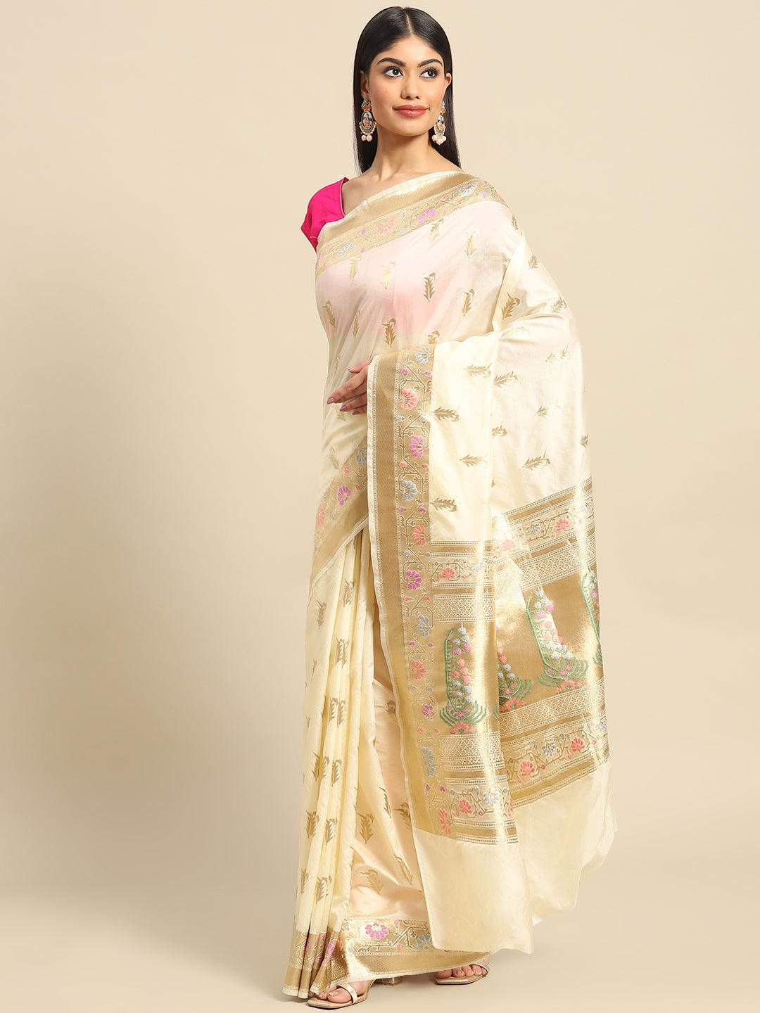 Women's Cream Floral Zari Art Silk Banarasi Saree - Varanasi - Indiakreations