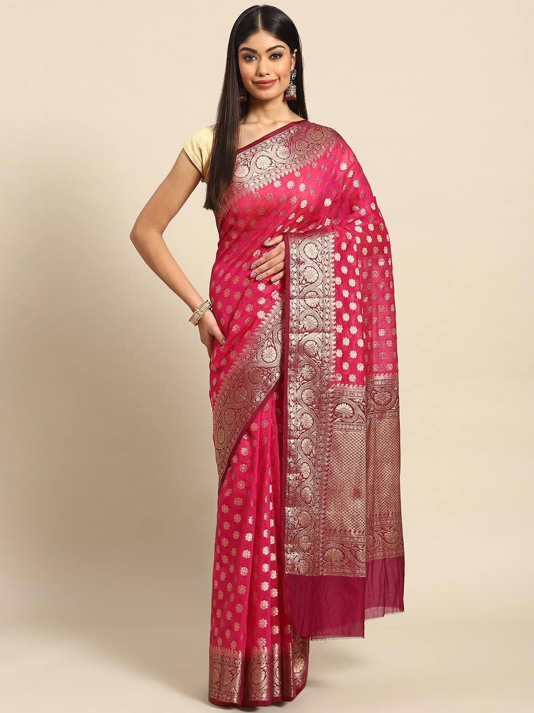 Women's Pink Gold-Toned Floral Zari Art Silk Banarasi Saree - Varanasi - Indiakreations