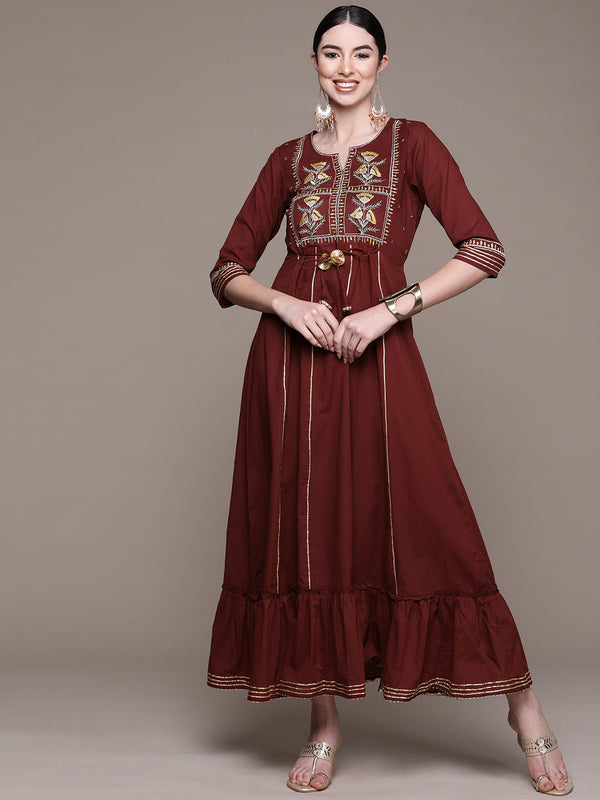 Women's Maroon Yoke Embroidered Ethnic Dress - Anubhutee