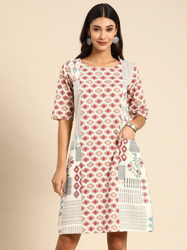 White & Pink Printed A-Line Panelled Dress with Pockets - Indiakreations