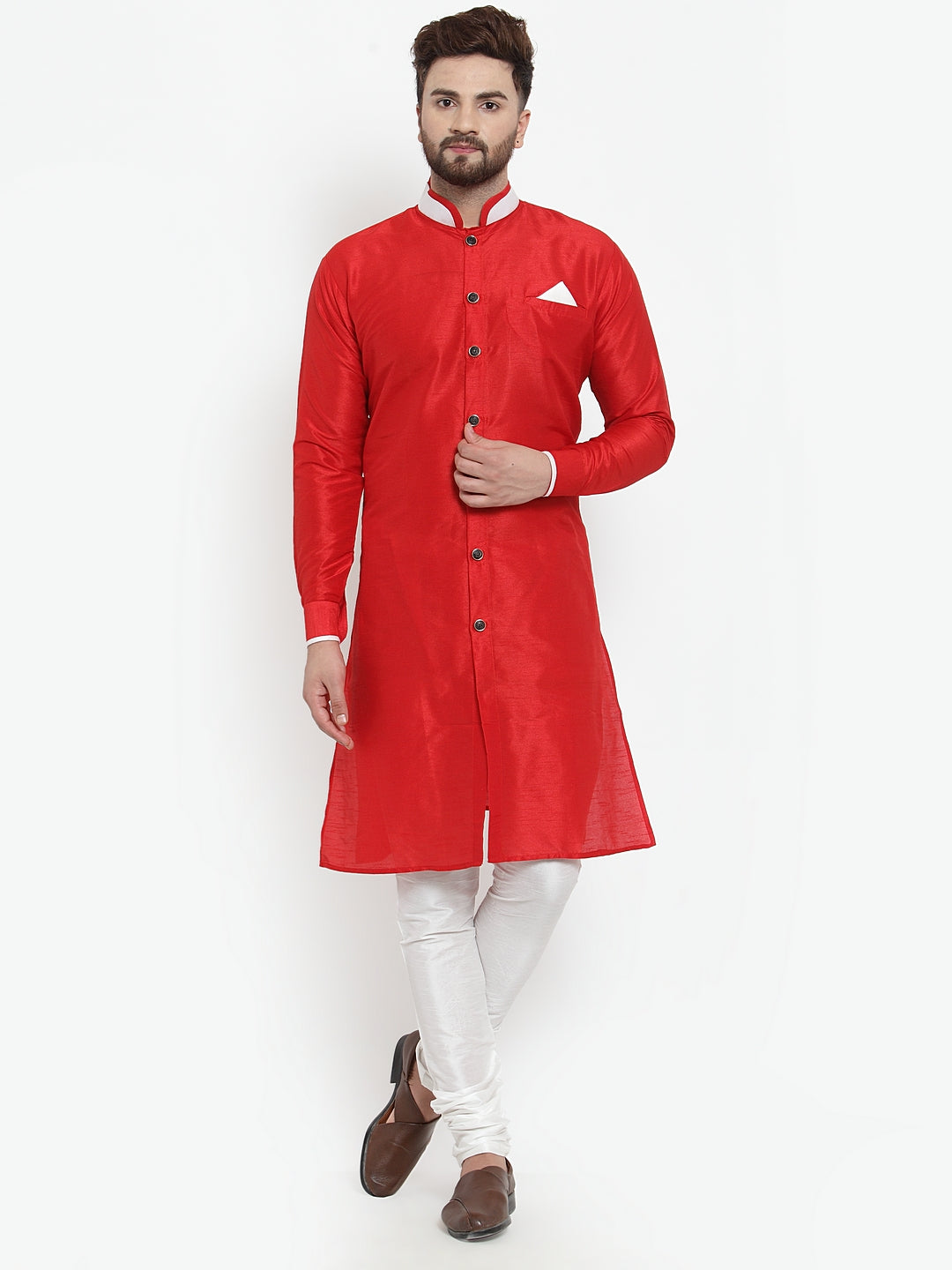 Men's Red Solid Kurta With White Churidaar Pyjama Set - Benstoke