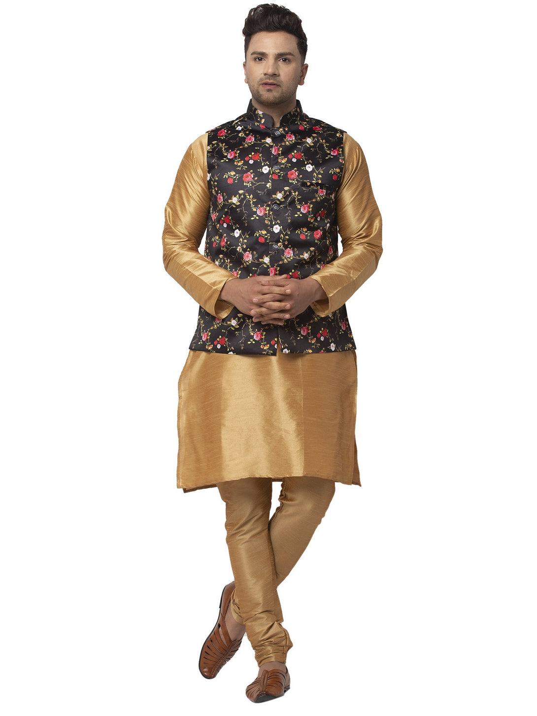 Men's Silk Blend Copper Kurta With Pyjama & Black Printed Nehru Jacket - Benstoke