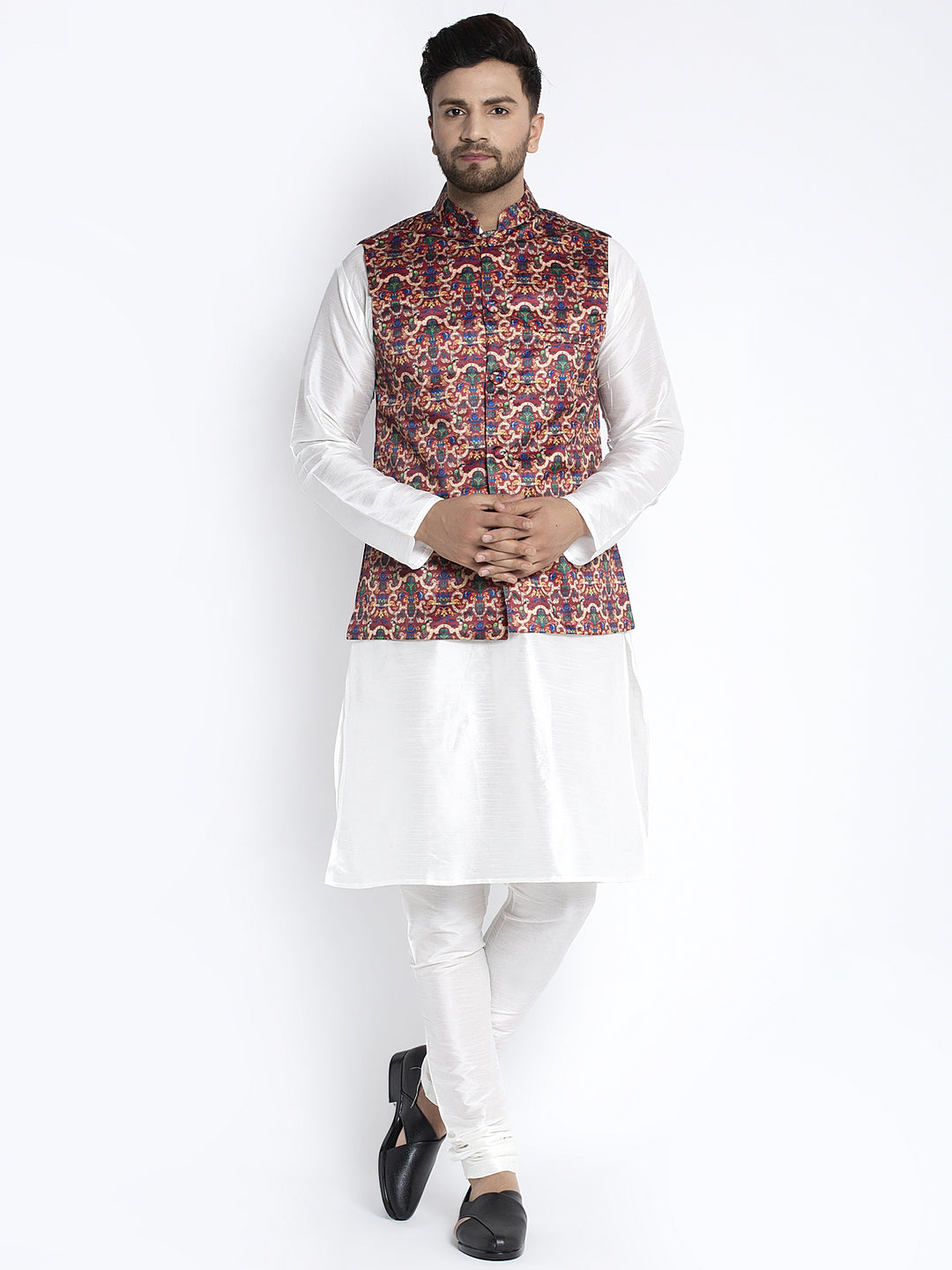 Men's Silk Blend White Kurta With Pyjama & Maroon Printed Nehru Jacket - Benstoke