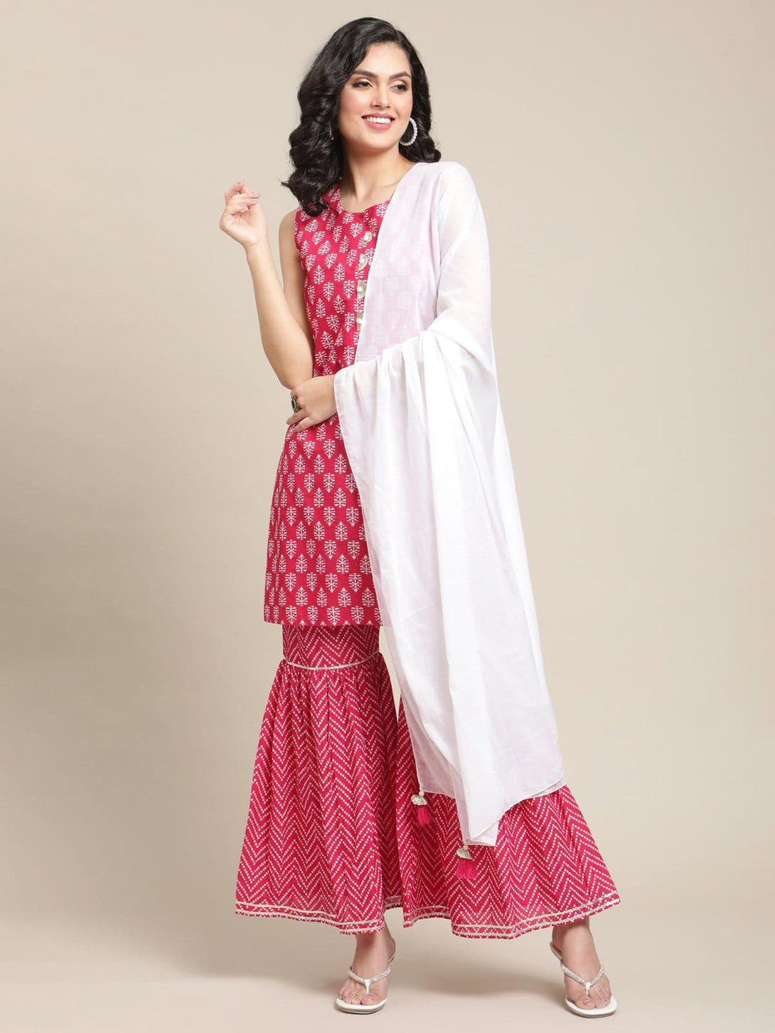 Pink Floral Printed And Gota Work Kurta Sharara Set With Off White Tassels Embellished Dupatta - Indiakreations