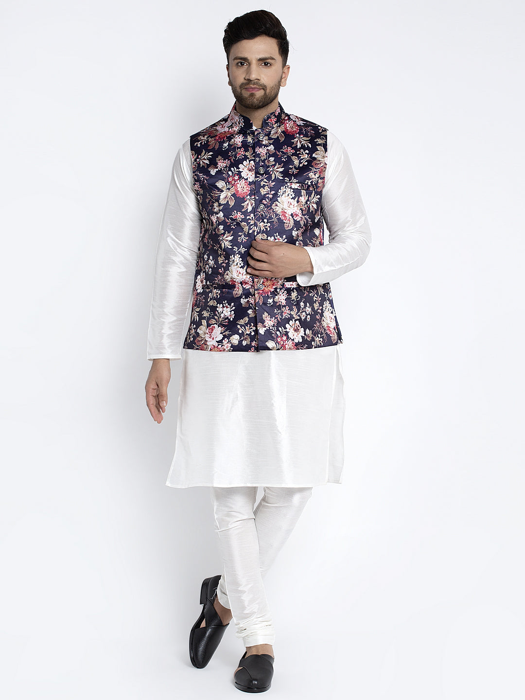 Men's Silk Blend White Kurta With Pyjama & Navy Blue Printed Nehru Jacket - Benstoke