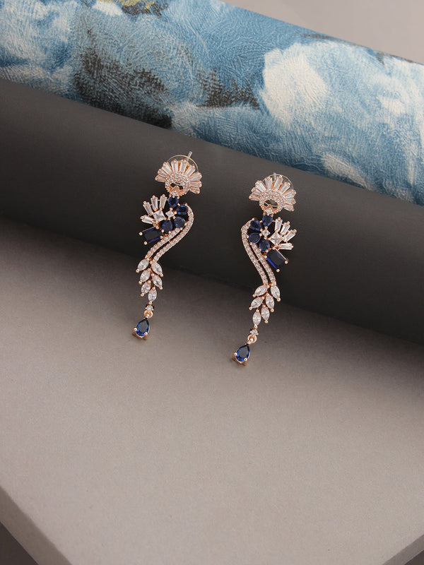 Women's Rose Gold & Blue American Diamond Studded Floral Drop Earrings - Jazz and Sizzle