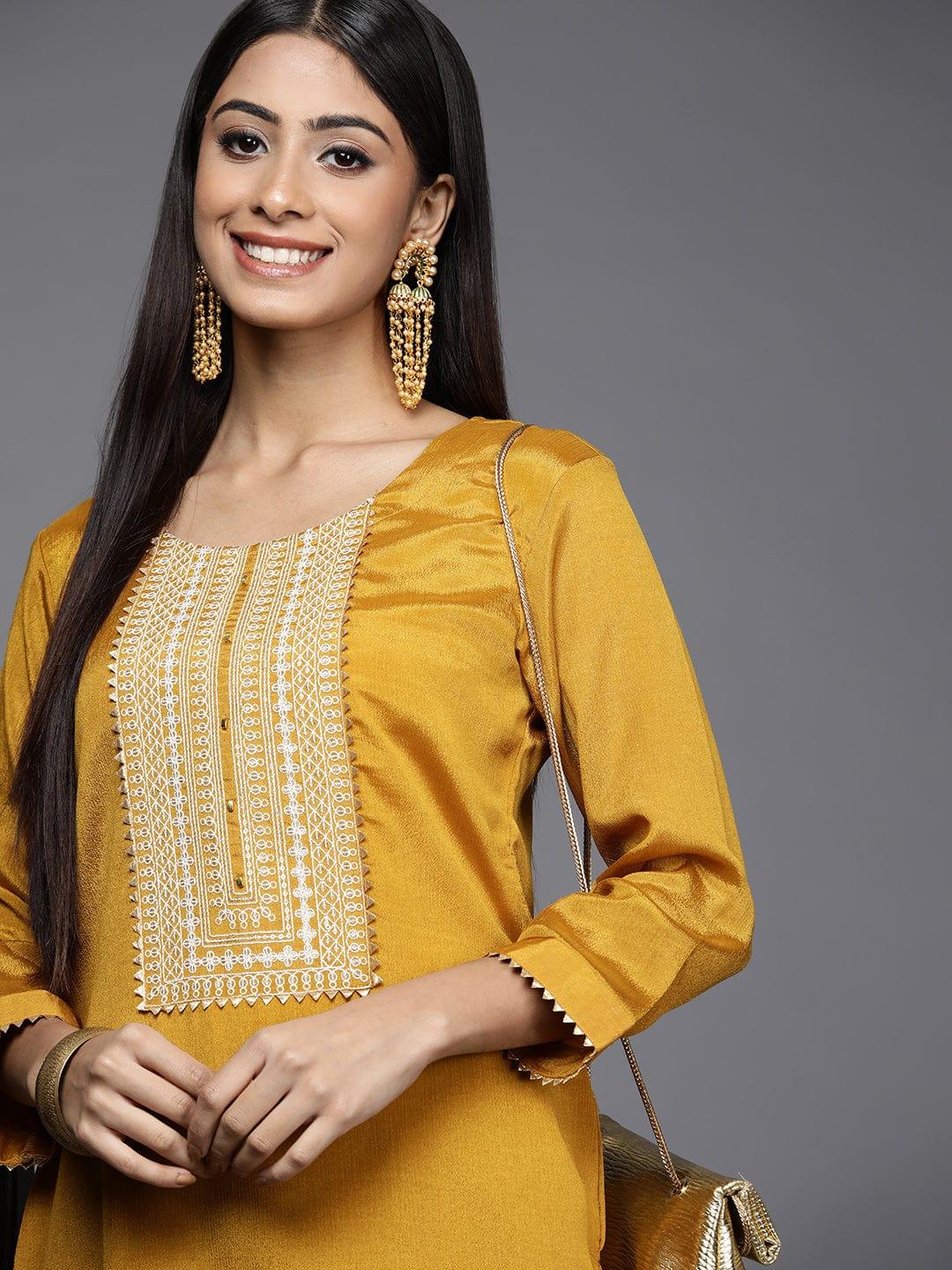 Varanga Women Mustard Yellow Ethnic Motifs Embroidered Gotta Patti Kurta - Indiakreations