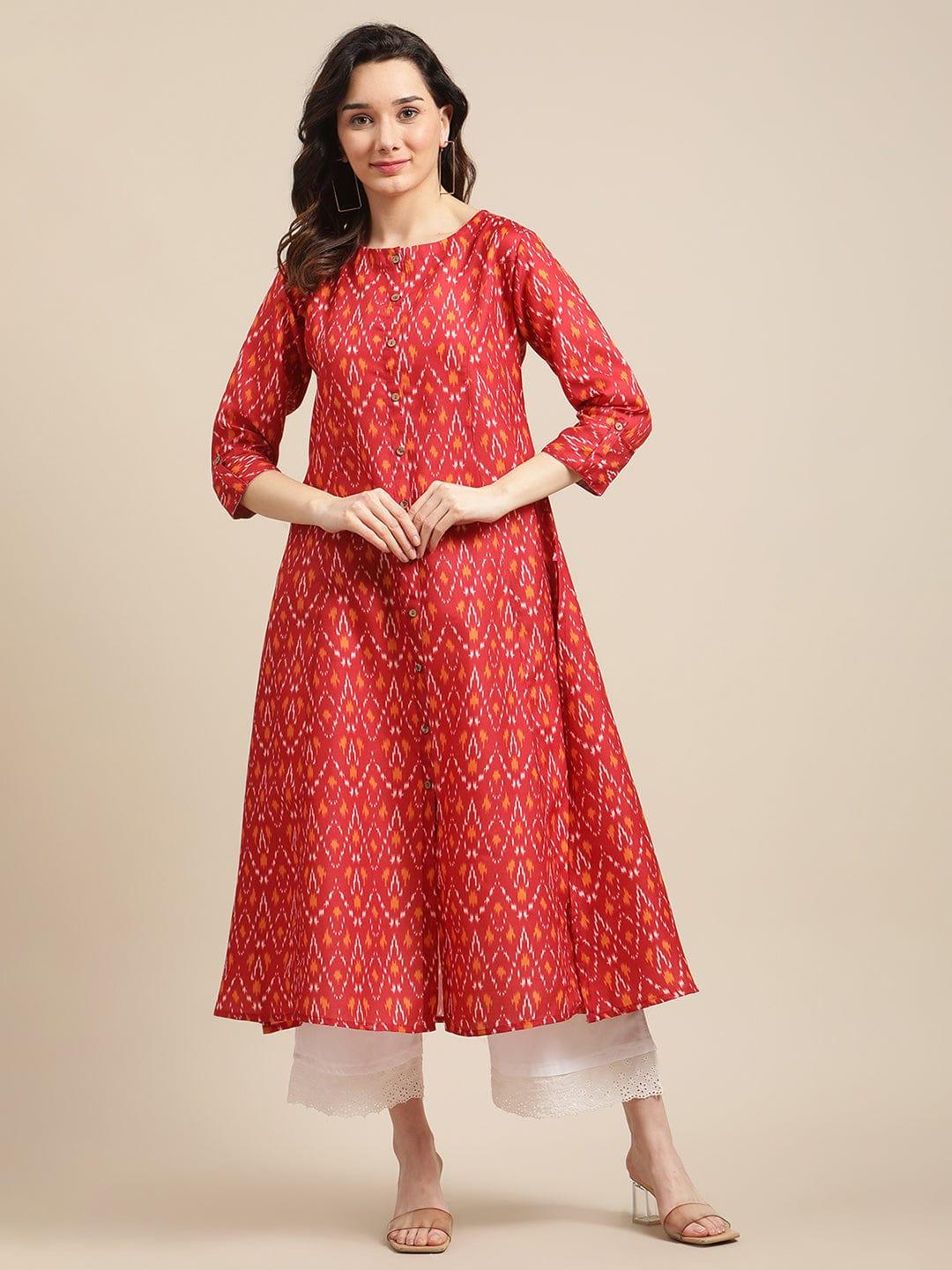 Rust Ikat A-Line Kurta With Center Buttoned Placket with white shifflie palazzo - Indiakreations