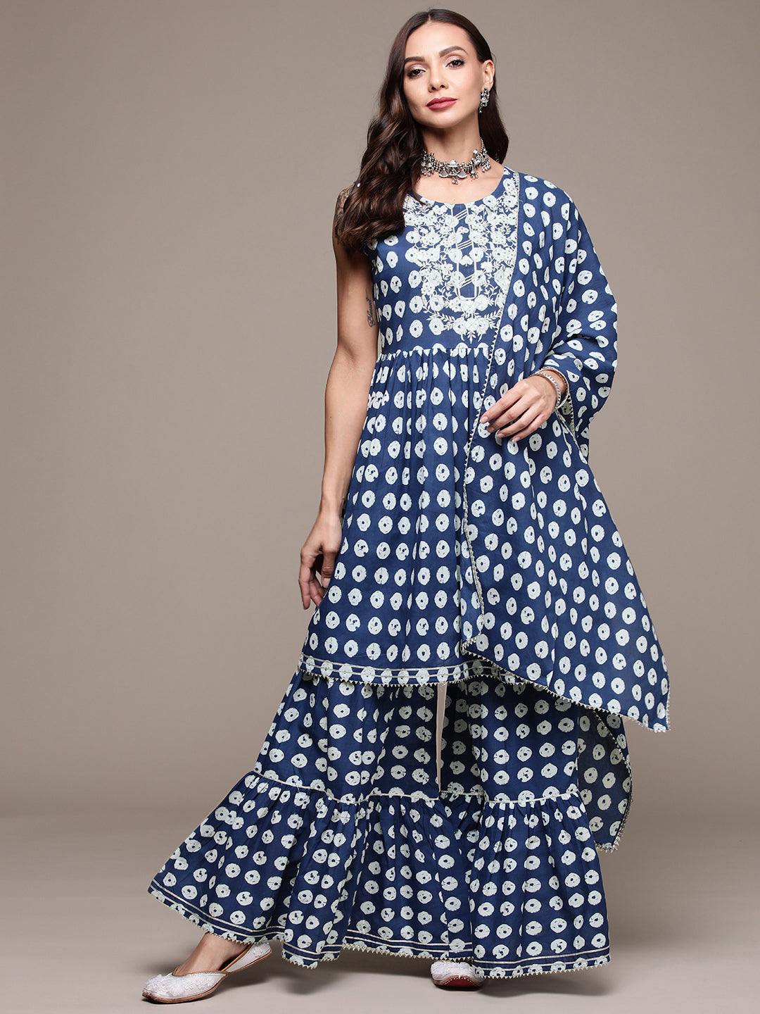 Women's Indigo Blue Zari Embroidered Printed Kurta Set With Sharara And Dupatta - Anubhutee