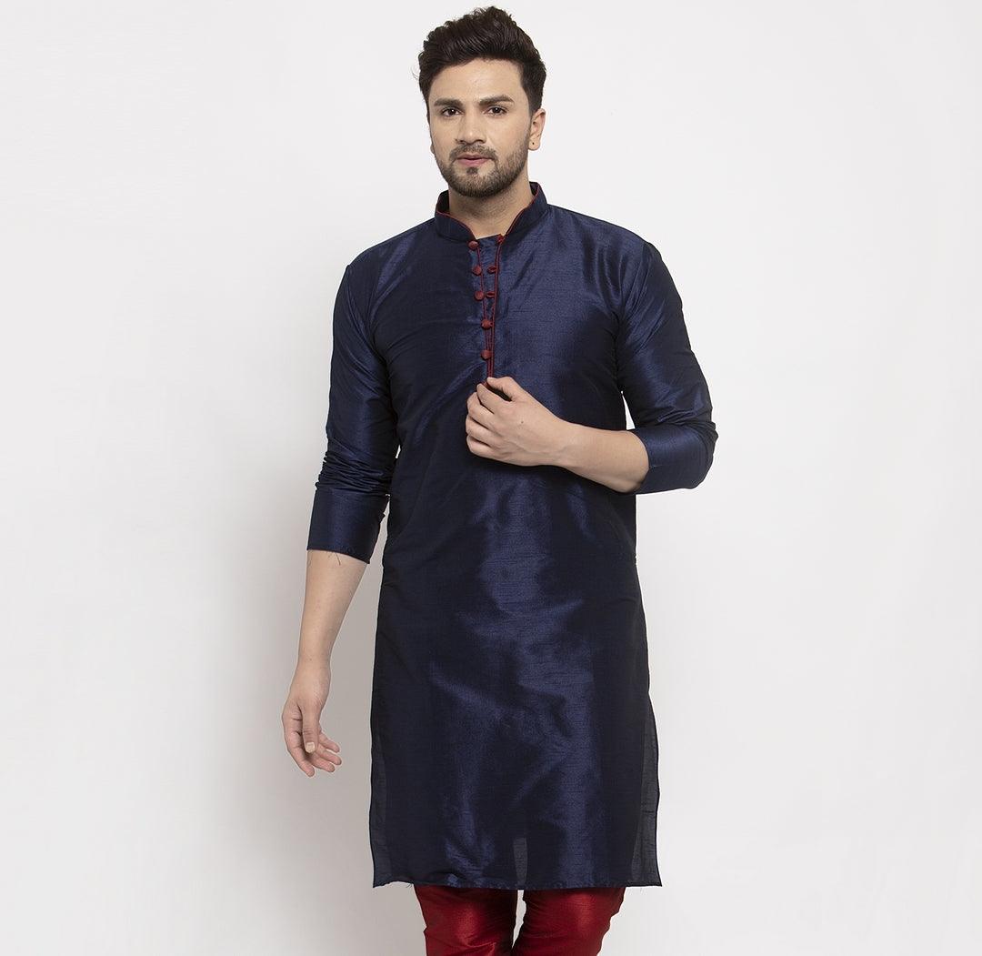 Men's Silk Blend Navy Blue Straight Long Kurta - Benstoke - Indiakreations