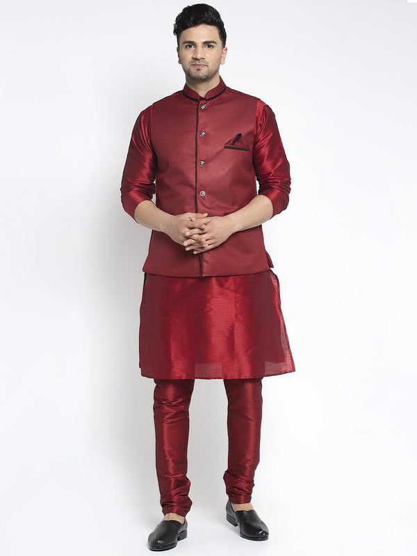 Men's Silk Blend Maroon Kurta With Pyjama & Maroon Nehru Jacket - Benstoke - Indiakreations