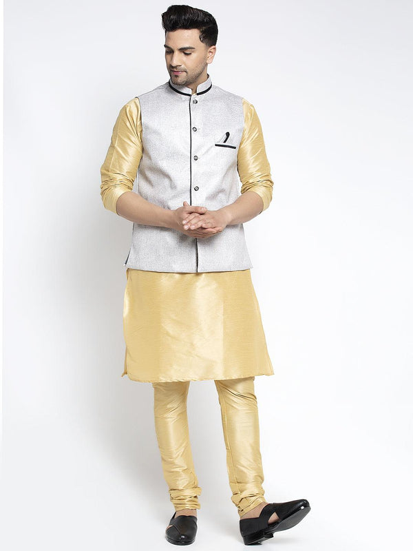 Men's Silk Blend Gold Kurta With Pyjama & Grey Nehru Jacket - Benstoke - Indiakreations