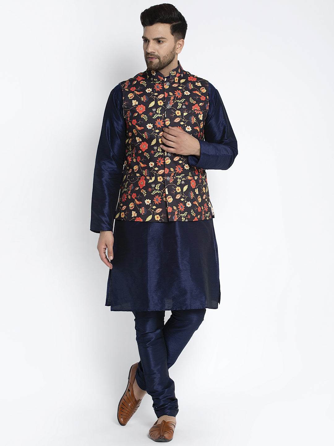 Men's Silk Blend Navy Blue Kurta With Pyjama & Black Printed Nehru Jacket - Benstoke