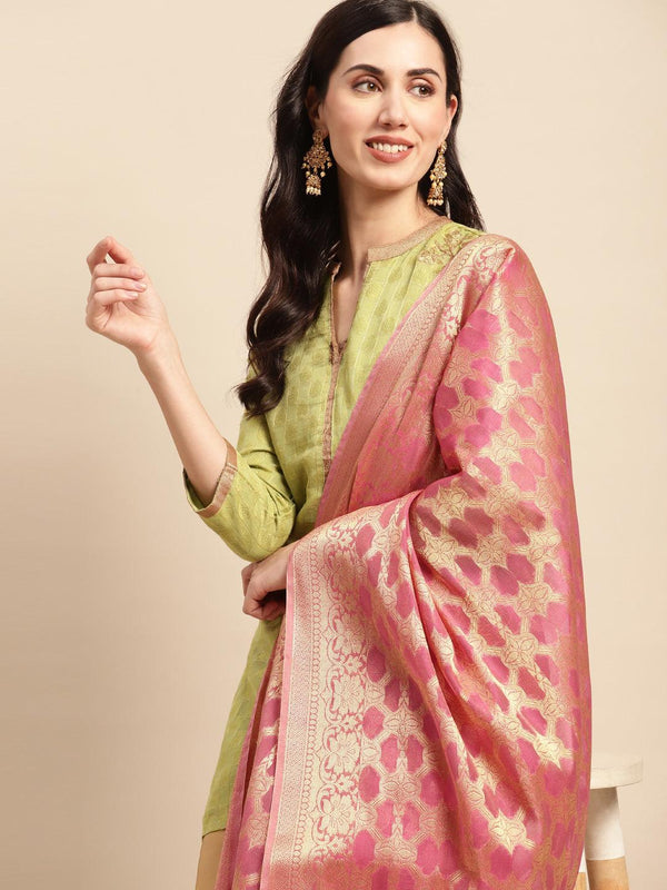 Women's Pink Color Ethnic Motifs Woven Design Dupatta With Zari - Varanasi - Indiakreations