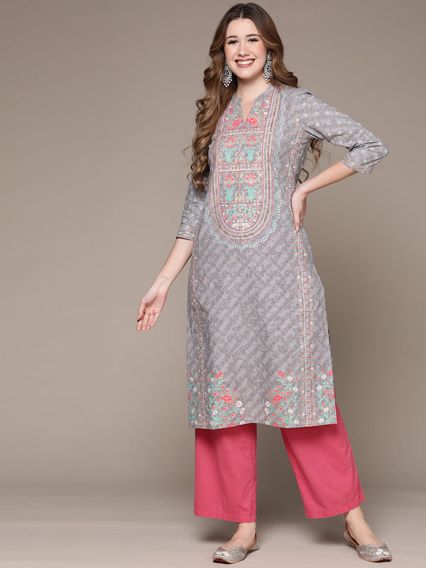 Women's Grey Printed Thread Work Kurta - Anubhutee