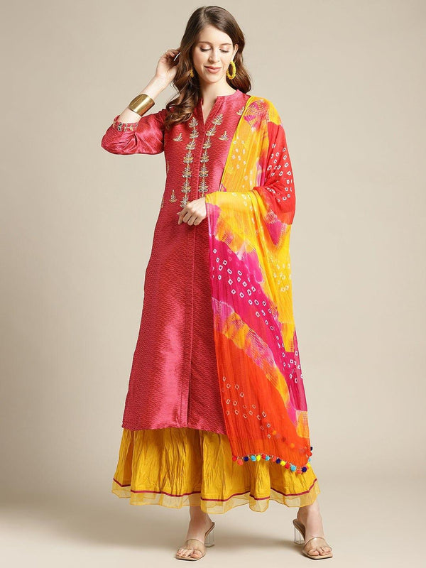 KSUT Coral Red & Mustard Yellow Ethnic Motifs Embroidered Kurta Set With Dupatta - Indiakreations