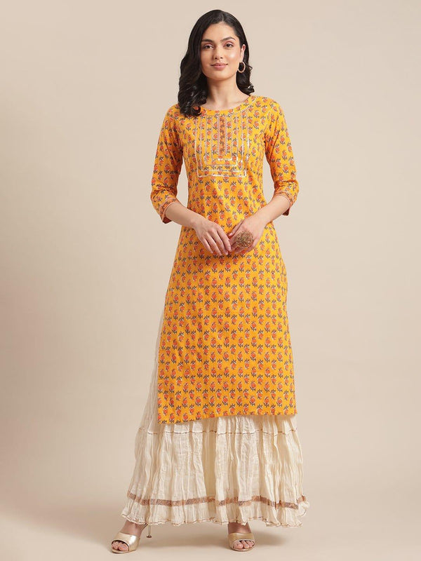 Mustard Floral Printed Kurta With Gota Work On Yoke And 3/4Th Sleeves - Indiakreations