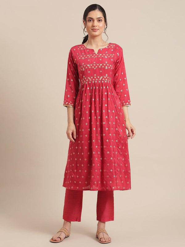 Red Jacquard Flared Kurta With Embroidered Yoke And Regular Sleeve, Kurta Paired With Straight Trouser - Indiakreations