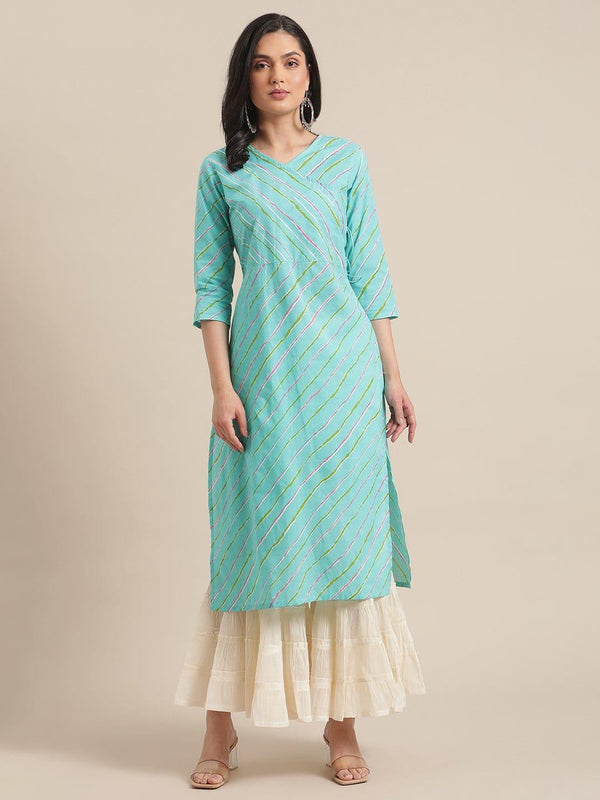 Turquoise And Pink Leheriya Printed Kurta With Gota Embellished Yoke - Indiakreations