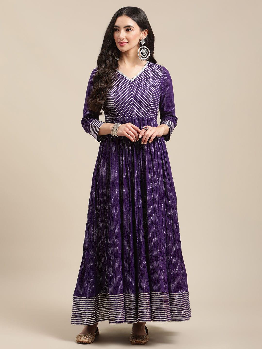 Purple Silver Lurex Anarkali With Heavy Gota Embellishment On Yoke And Hemline - Indiakreations