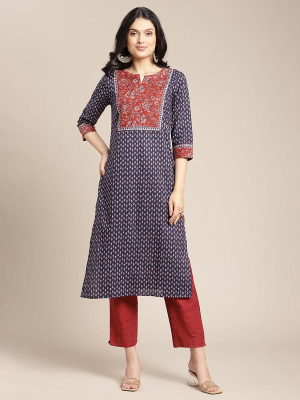 Blue Round Neck Kurta With Contrast Yoke Design And 3/4Th Sleeves - Indiakreations