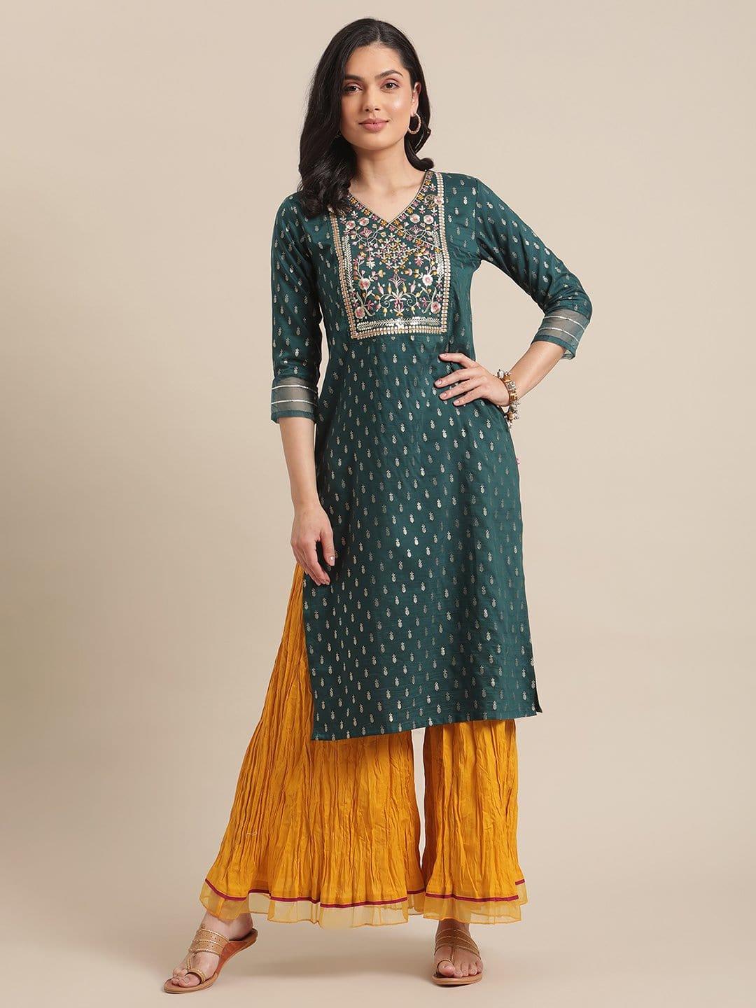 Teal And Gold Foil Printed And Floral Embroidery Kurta With Organza Gota Embellished Sleeves - Indiakreations