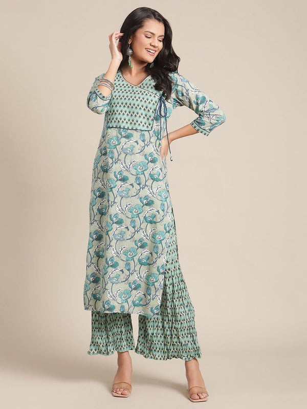 Floral Printed Angrakha Neckline Kurta Paired With Printed Gathered Palazzo - Indiakreations