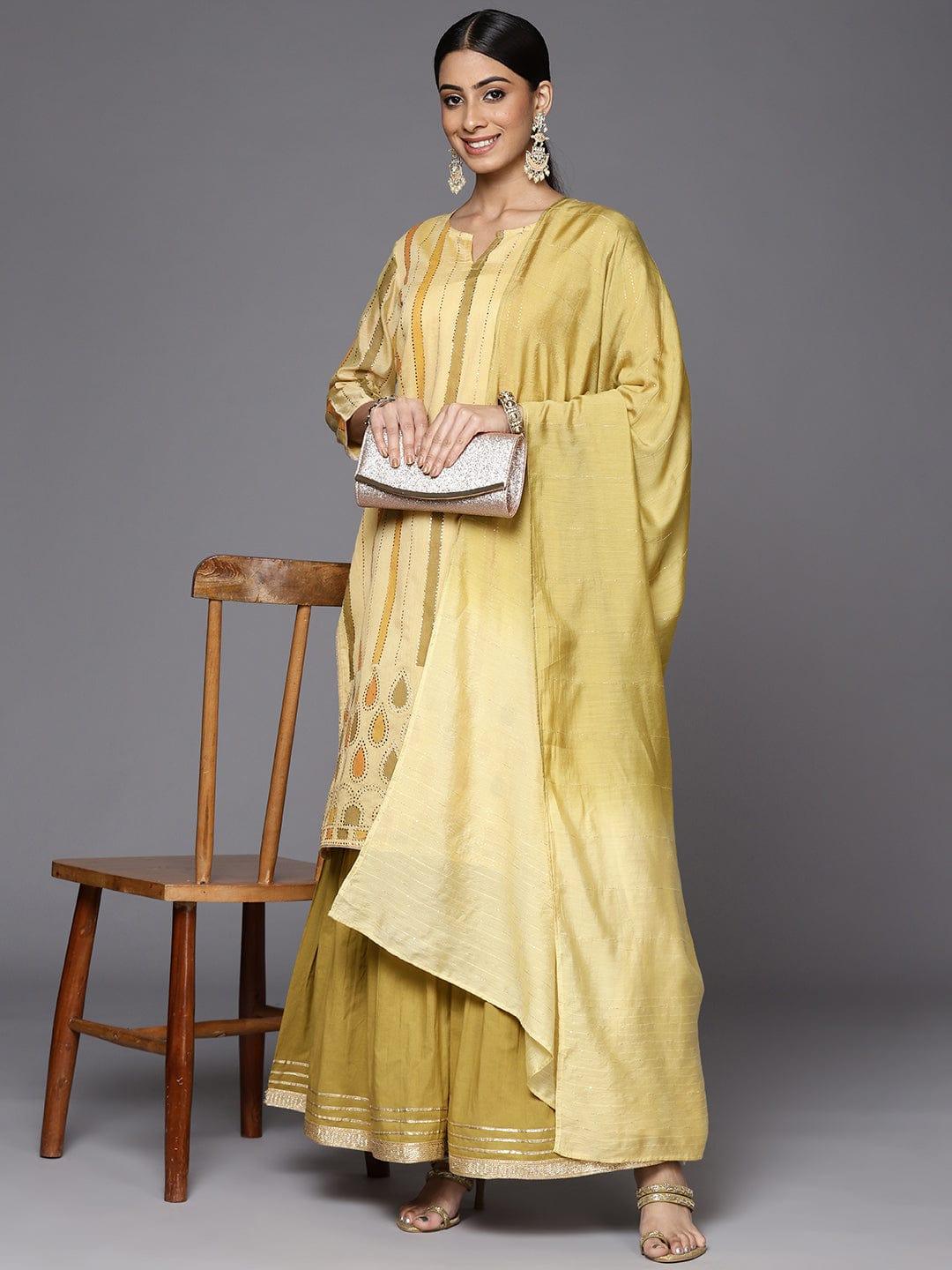 Varanga Women Yellow Striped Mukaish Kurta with Sharara & With Dupatta - Indiakreations