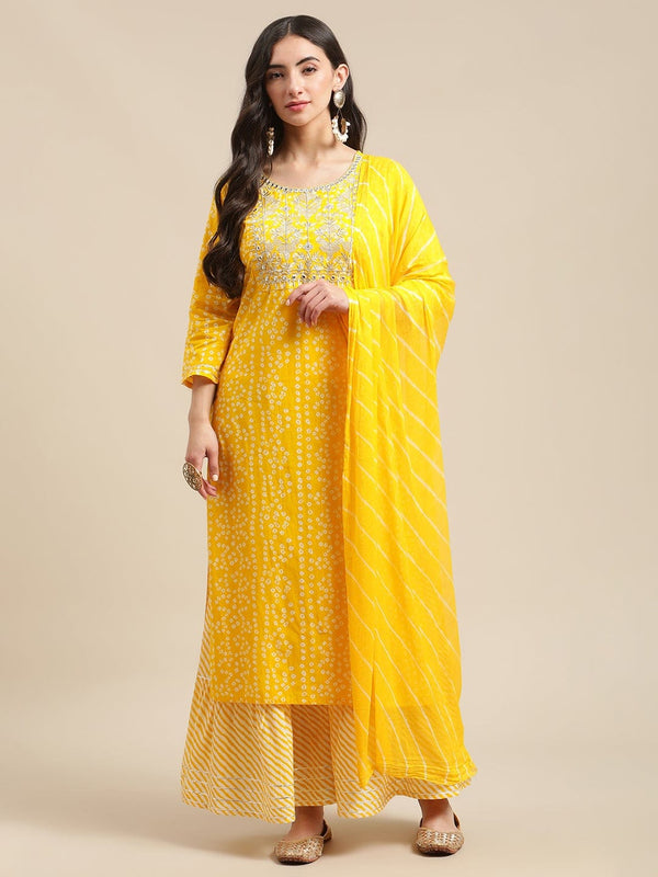 Women's Yellow And White Zari Embroidery Leheriya Kurta Sharara Set With Leheriya Dupatta. - Varanga