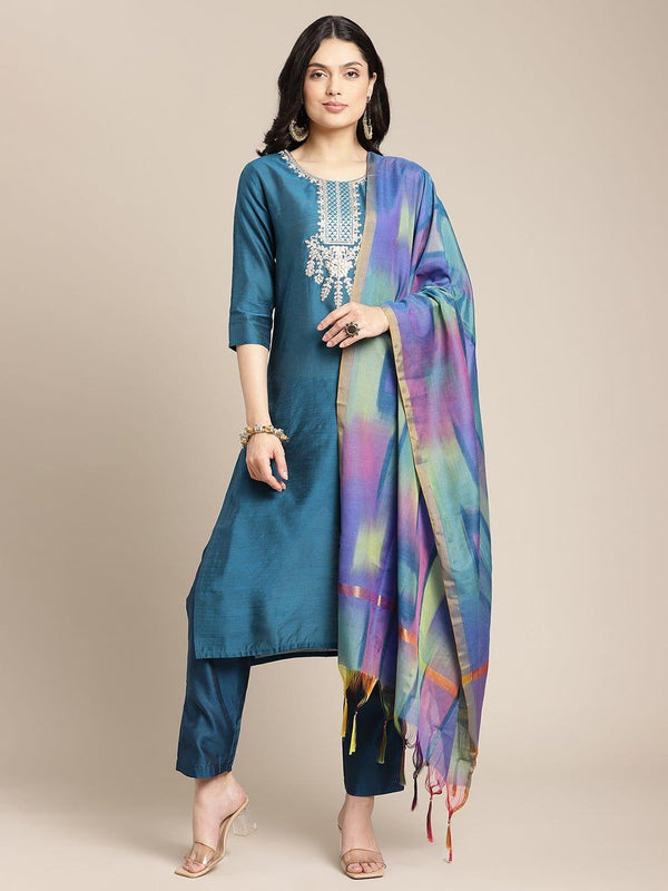 Teal Gota Patti Embroidery Kurta Trouser Set With Ikkat Weave Silk Dupatta - Indiakreations