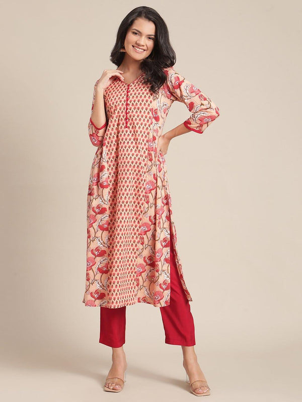 Varanga Peach And Red Floral Printed Kurta With V Neckilne And Regular Sleeves - Indiakreations