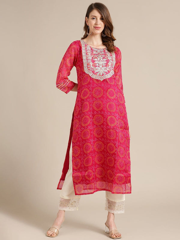 Women's KSUT Pink Bandhej Kurta With Zari Embellished Yoke Embroidery And 3/4Th Sleeves - Varanga