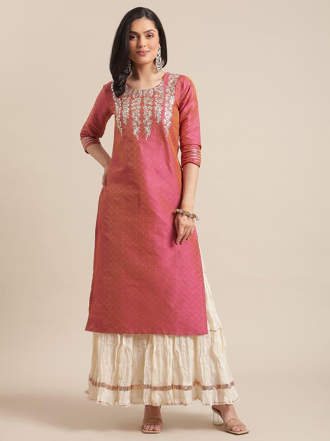 Coral Gota Patti Kurta With Gota Embellishmant On Sleeves - Indiakreations