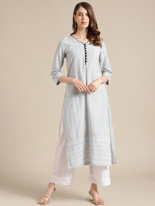 KSUT Blue And Off White Stripe Woven Kurta With Cord Pipen Detailing On Yoke And Sleeves - Indiakreations